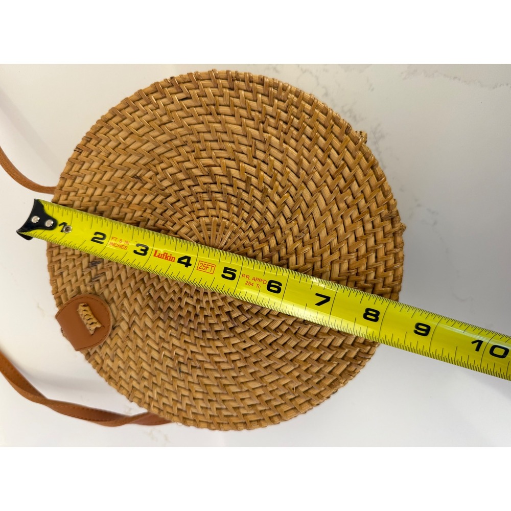 Crossbody Bag Round Rattan 8" Brown Boho Woven Batik Canteen Purse - Picture 8 of 10